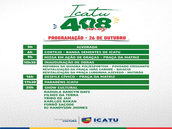 Prefeito Walace Azevedo anuncia programação de comemoração aos 408 anos de Icatu nos dias 25 e 26
